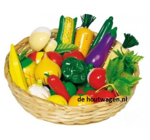 houten groenten en fruit in mand